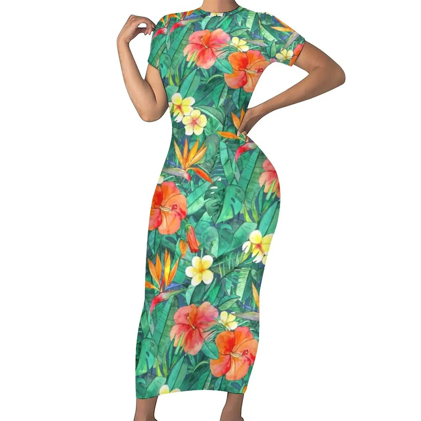

Bright Flowers Dress Short Sleeve Classic Tropical Garden Club Maxi Dresses Summer Streetwear Design Bodycon Dress Large Size
