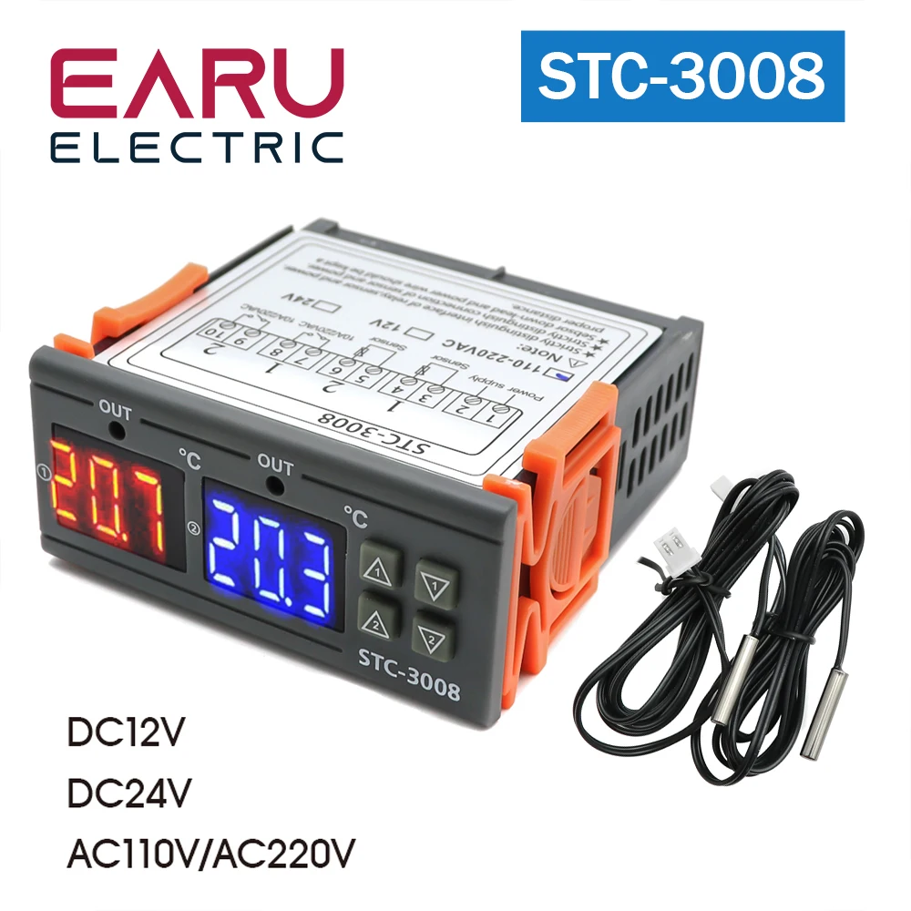 

STC-3008 Dual Digital Temperature Controller Two Relay Output DC12V DC 24V AC220V Thermoregulator Thermostat With Heater Cooler