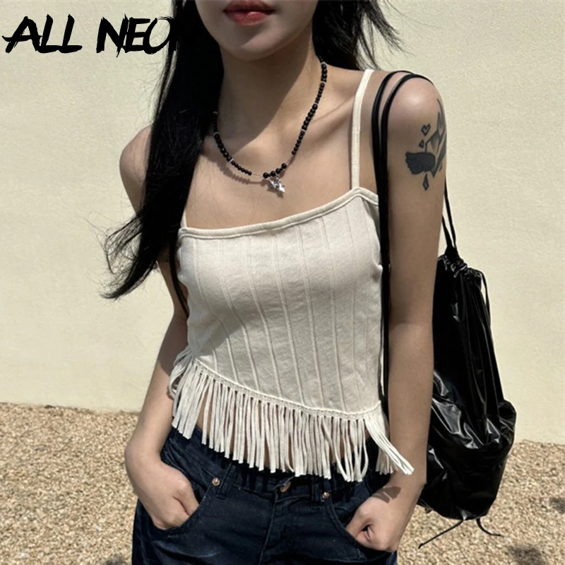 

ALLNeon Goth Punk Fashion Tassels Straps Tanks Summer Kawaii Holiday White Backless Bandage Knot Crop Tops Y2K Hot Chic Vests