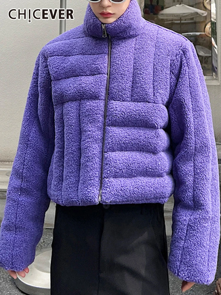 

CHICEVER Minimalist Loose Parkas For Women Stand Collar Long Sleeve Patchwork Zipper Irregular Winter Coats Female Fashion 2022
