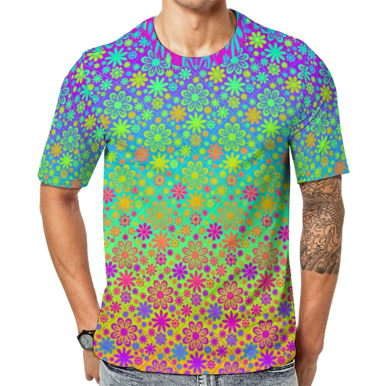 

Groovy Daisy Print T Shirt Retro Ombre Trendy T Shirts Men Classic Tshirt Summer Short-Sleeve Printed Clothing Plus Size 5XL 6XL