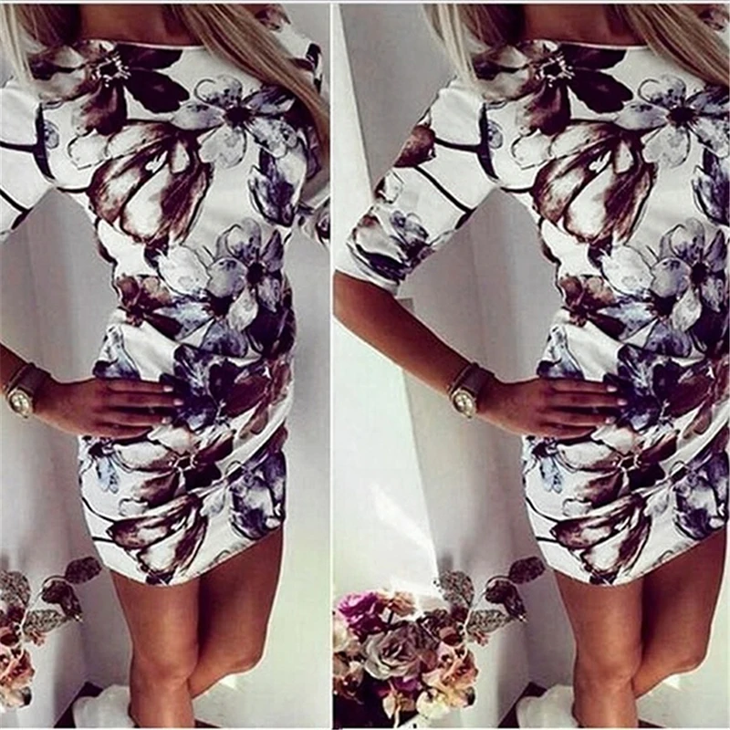 

New Casual Women Summer Dresses O-neck Red Floral Printed Skinny Short Sexy Dress Package Hips Thin Summer Women Dress Vestidos
