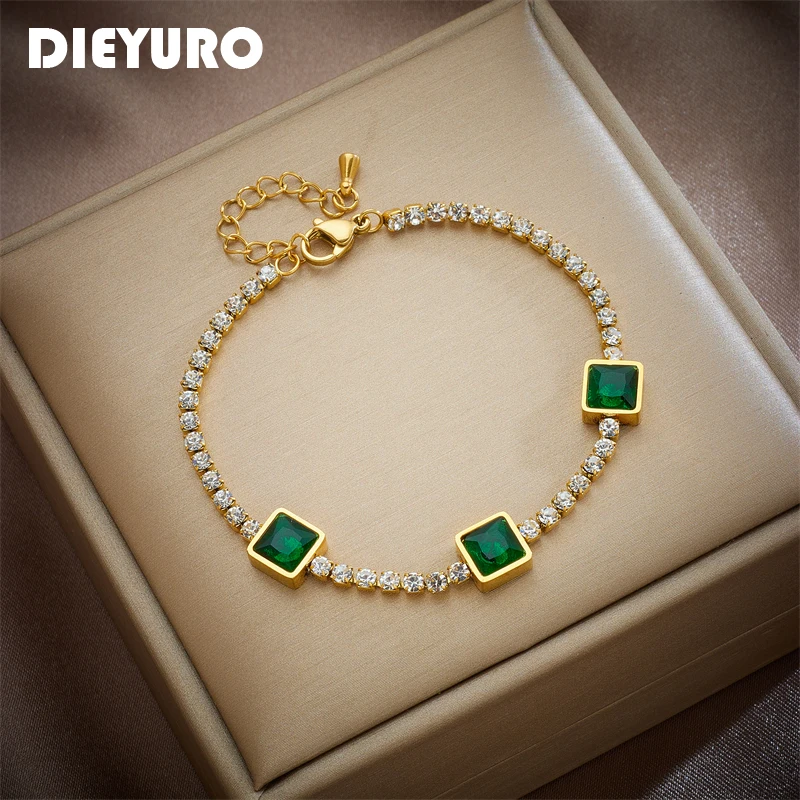 

DIEYURO 316L Stainless Steel Square Green Zircon Charm Bracelet For Women Fashion Shine Chain Girls Wrist Jewelry Birthday Gifts