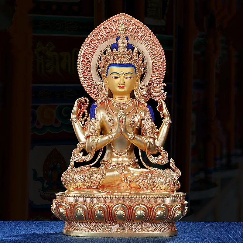 

24-сантиметровая Статуэтка Бодхисаттва из золотой меди Avalokitesvara/Guanyin, резьба по дереву, ретро резьба, траническая декоративная фигурка храма