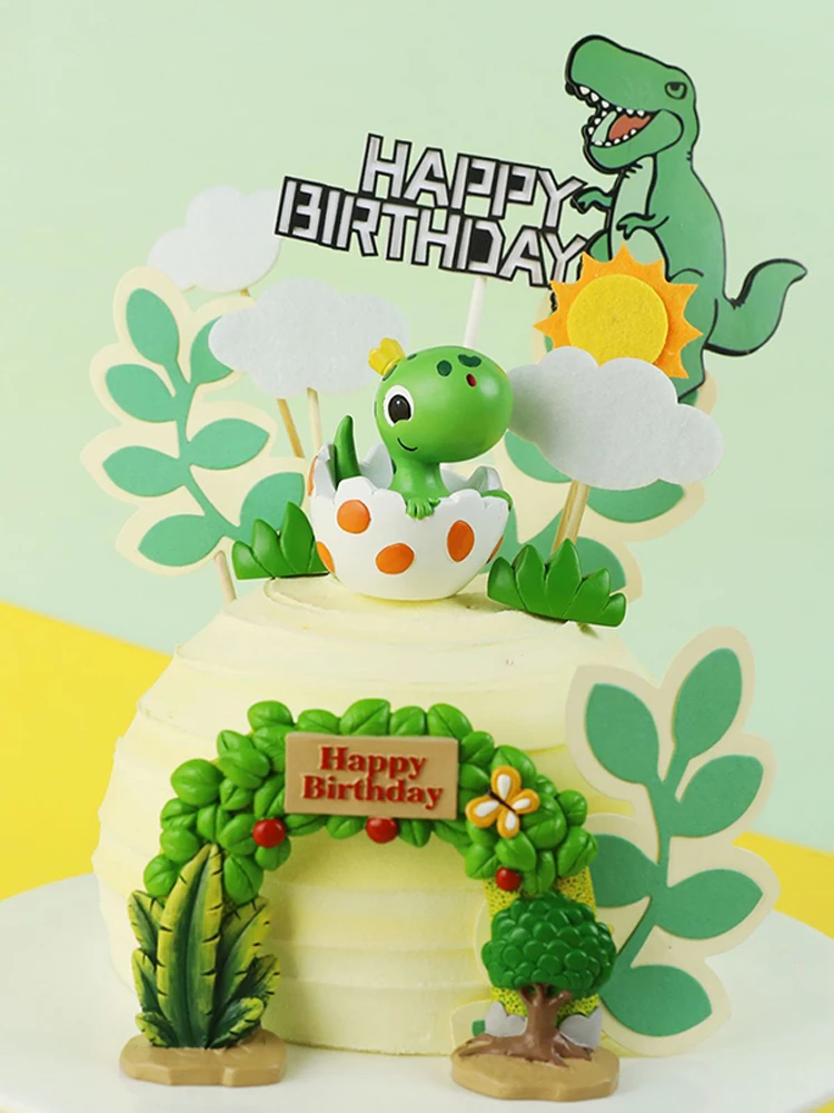 

Lovely Dinosaur Birthday Cake Topper Cartoon Baby Green Sun Leaf Arch Dino Jurassic Period Decoration for Kids Boy Party Gifts