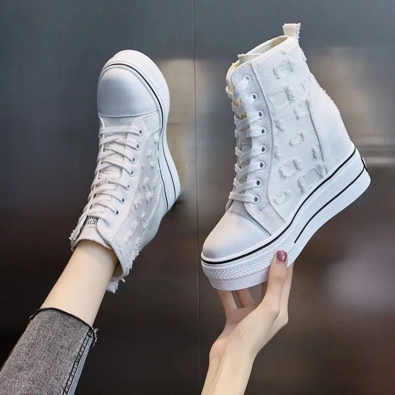 

Inner Increase White Shoes Women 2023 New High-top Canvas Shoes Women Hollow Breathable Casual Thick-soled Women's Sneaker Shoes
