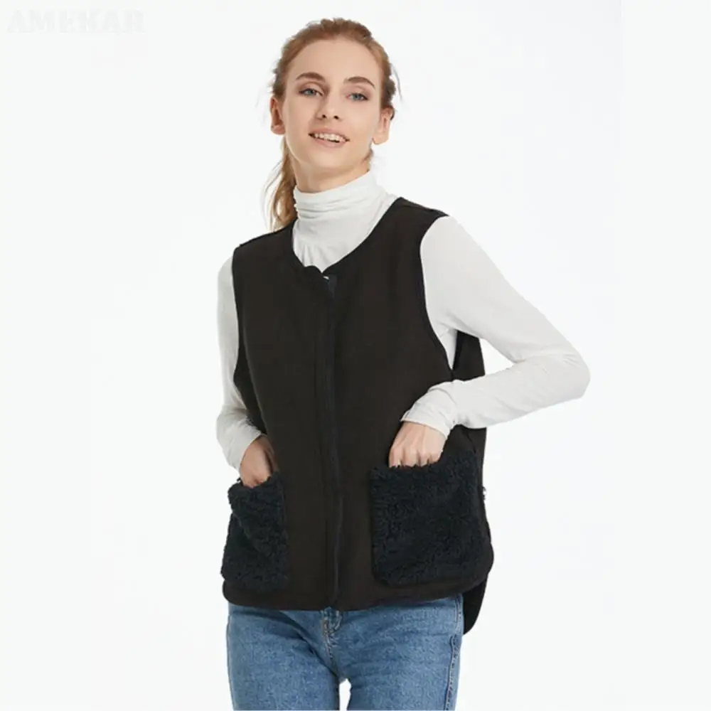 Women Winter Real Fur Zipper Vest Pure Color o-neck Warm Adult Coat Real Fur Dual Pocket Thermal Elegant Women's Vest 2022