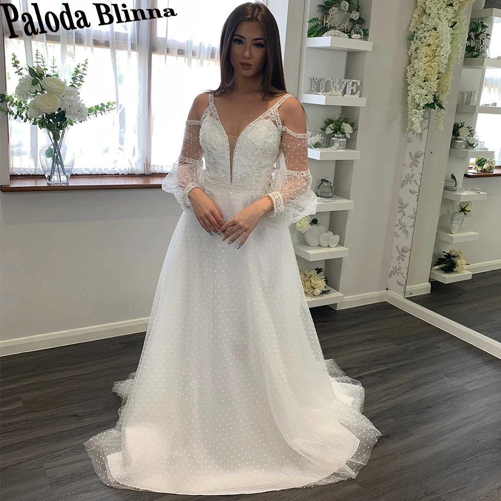 

Paloda Bohe Polka Dot Tulle Wedding Dresses For Bride Full Lantern Sleeves A-LINE Court Train V-Neck Vestidos De Novia Brautmode