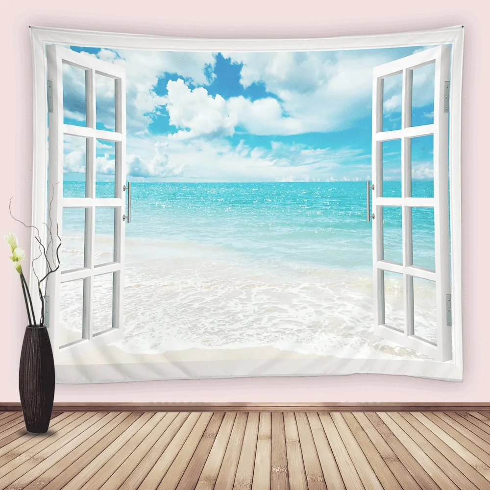 

Exotic Beach Tapestry Ocean Waves White Wooden Windows Summer Tropical Natural Scenery Wall Hanging For Bedroom Living Room Dorm