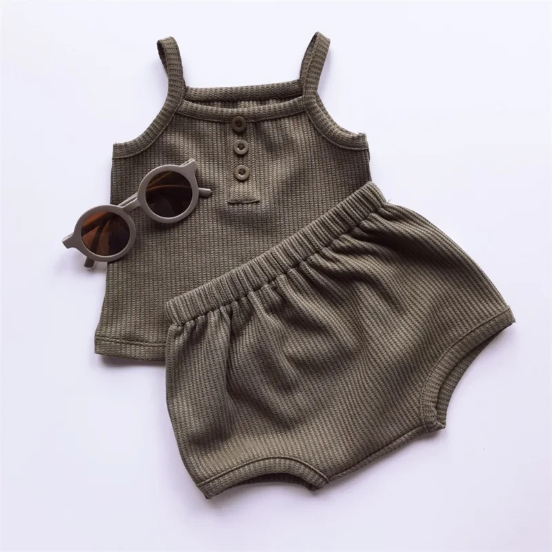 Baby Clothes Sets Summer Toddler Girl Strap Suits Cotton Solid Baby Boy Tops Tee and Shorts Infant Tracksuit Newborn Sets