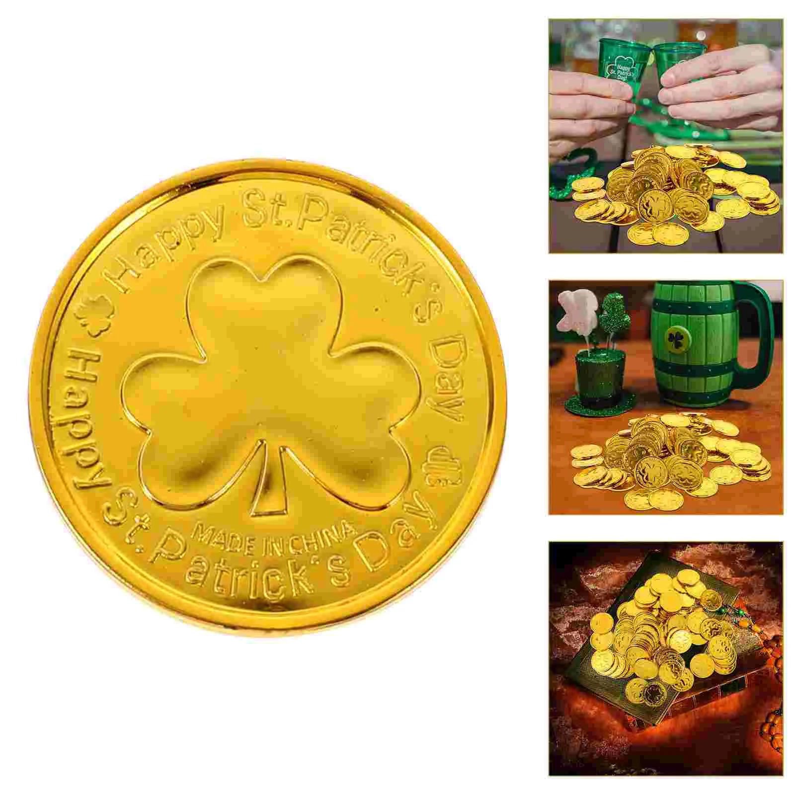100 шт. Декор Монета Трилистник на День Святого Патрика Золотой пластиковый