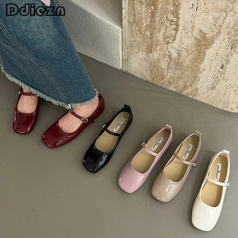 

Women Mary Janes Buckle Strap Square Toe Casual 2023 Female Shoes Loafers Summer Flats Elegant Ladies Sandals