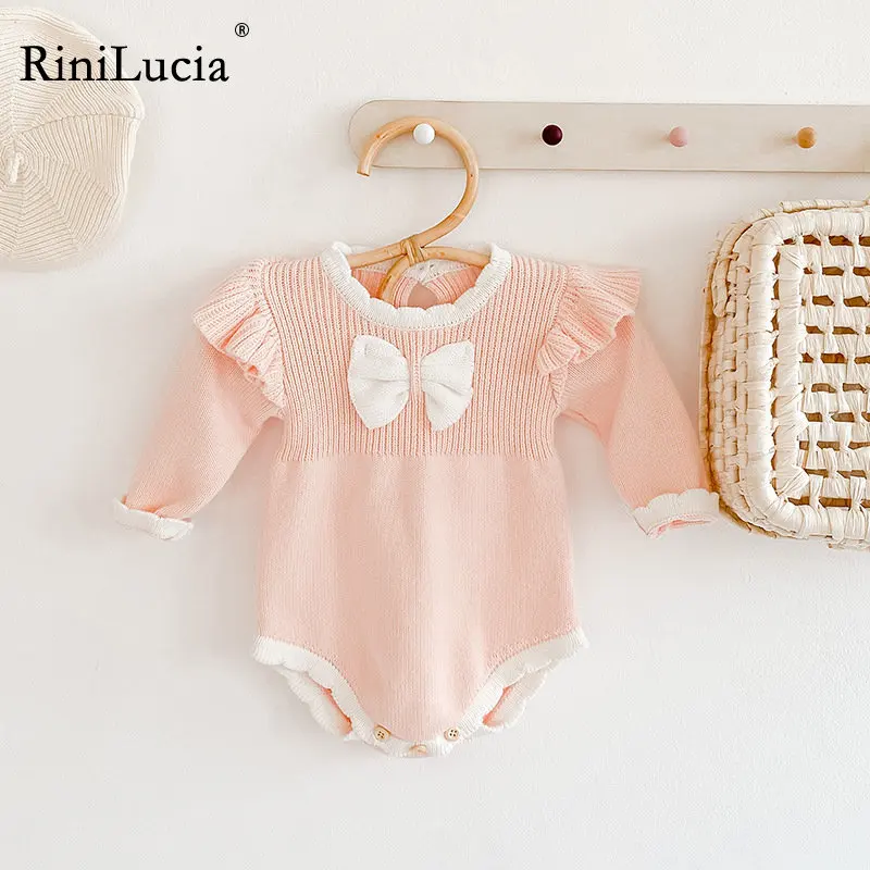 

RiniLucia 2023 New Newborn Baby Rompers Infant Bodysuit Long Sleeve Bow Baby Jumpsuit Autumn Winter Romper Baby Girl Clothes