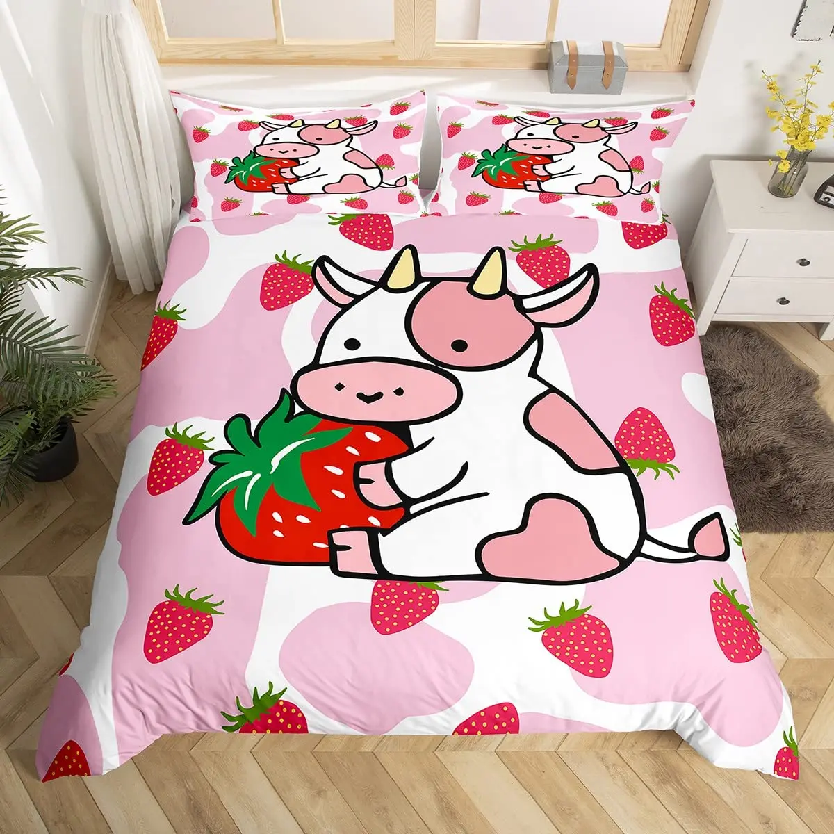 Milk Cow Duvet Cover Set Pink White Cow Strawberry Pattern Comforter Cover Bedding Set for Girls Kawaii Milk Cow Qulit Cover Set