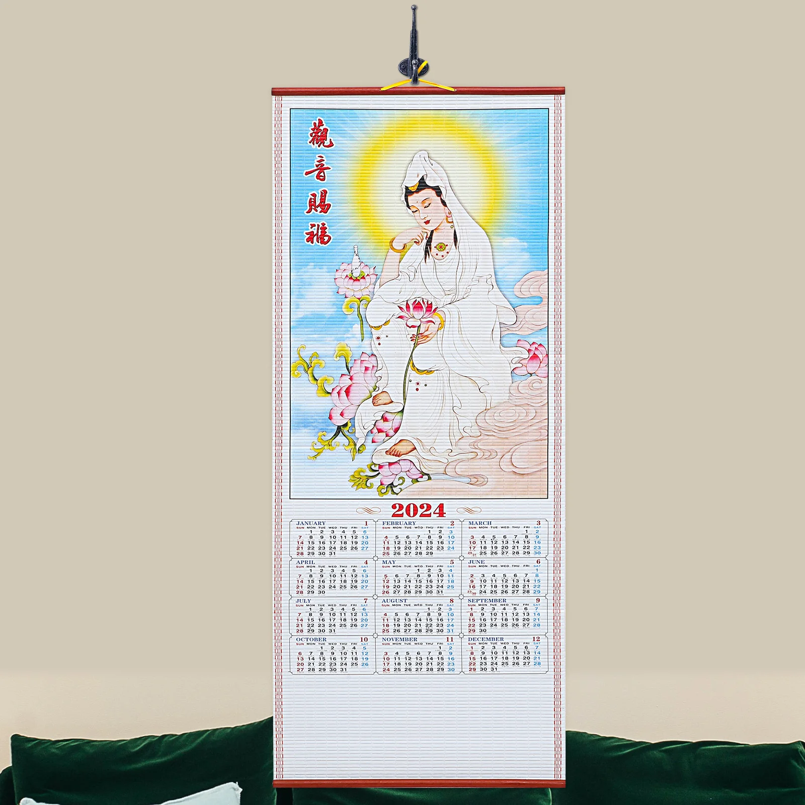 Настенный календарь 2024 года, подвесной свиток китайского зодиака, календарь на год, календарь дракона, календарь Гуаньинь ежемесячный лунный календарь Фэн