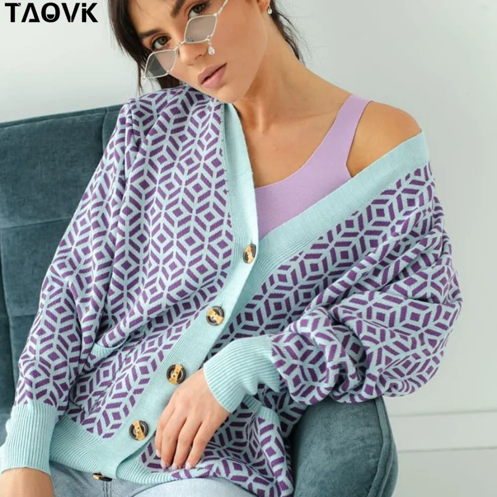 

TAOVK Women's Knitted Sweater Diamond Pattern Single-breasted Buttons Loose Casual Knit Cardigan Sweater