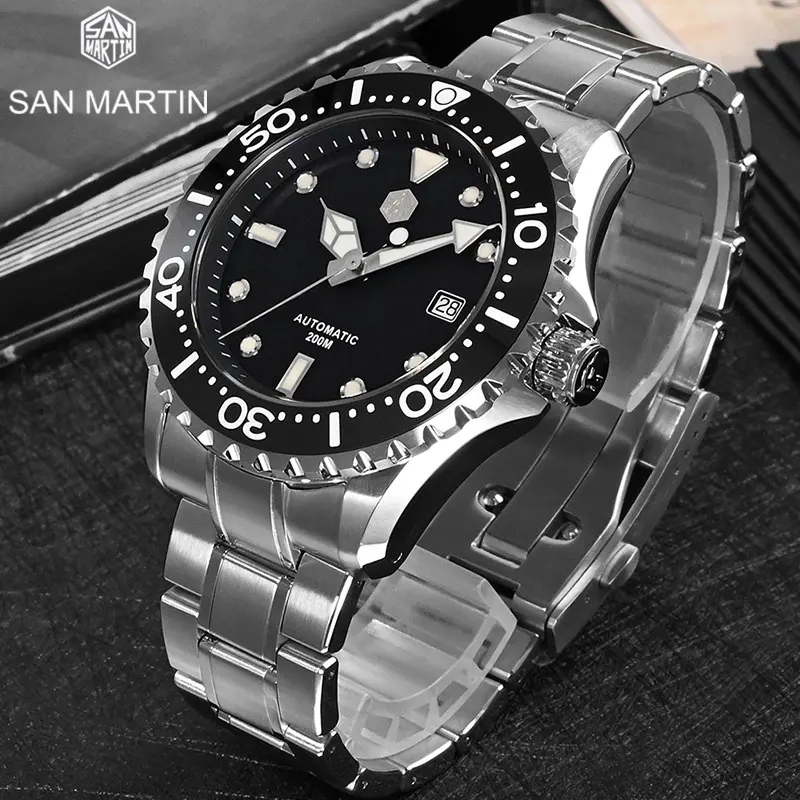 

San Martin 44mm Men Automatic Machinery Watches PT5000 Sports Vintage Diver Clock 20Bar Waterproof Date Sapphire BGW-9 Luminous