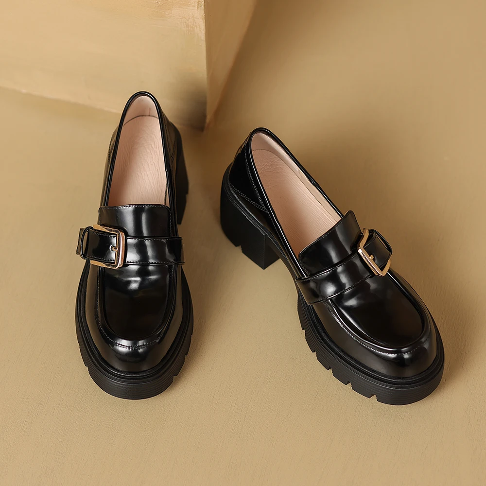 Cialisa 2023 Spring Women Shoes New Round Toe Belt Buckle Genuine Leather Platform Loafers Casual Thick Heels Ladies Footwear