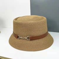 british wind flat top hat female fashion belt buckle decoration along the straw hat travel concave shape versatile sunshade hat
