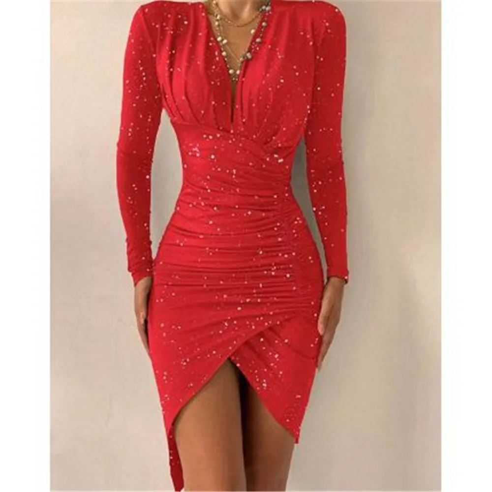 

Dress Pure Color V-neck High Waist Long Sleeve Pullover Party Dress Feminine Commuter New Autumn Spring New Fashion Nightclub