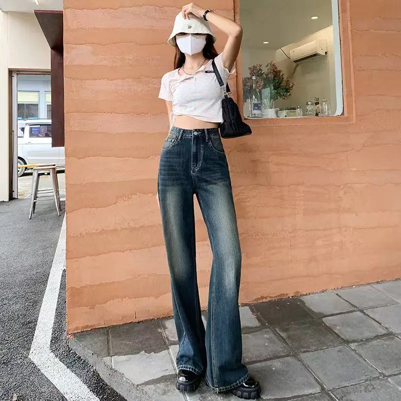 Retro Jeans Spring Autumn Women's High Waist Slimming Loose Korean Style Straight Wide Leg Long Pants High Street Trousers