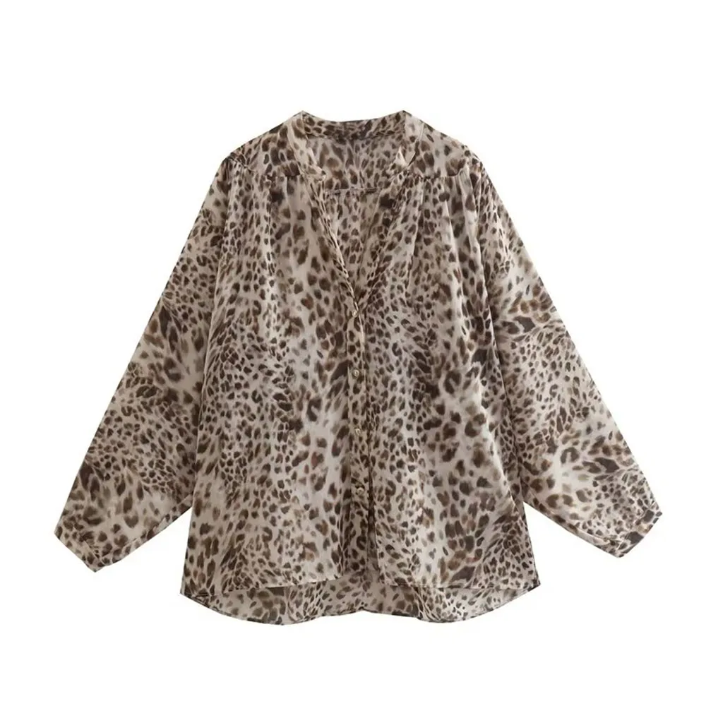 

New Animal Print Lady Top Button Lapel Elegant Woman Shirt Basic Vintage Long Sleeve Fashion Woman Blouses 2022