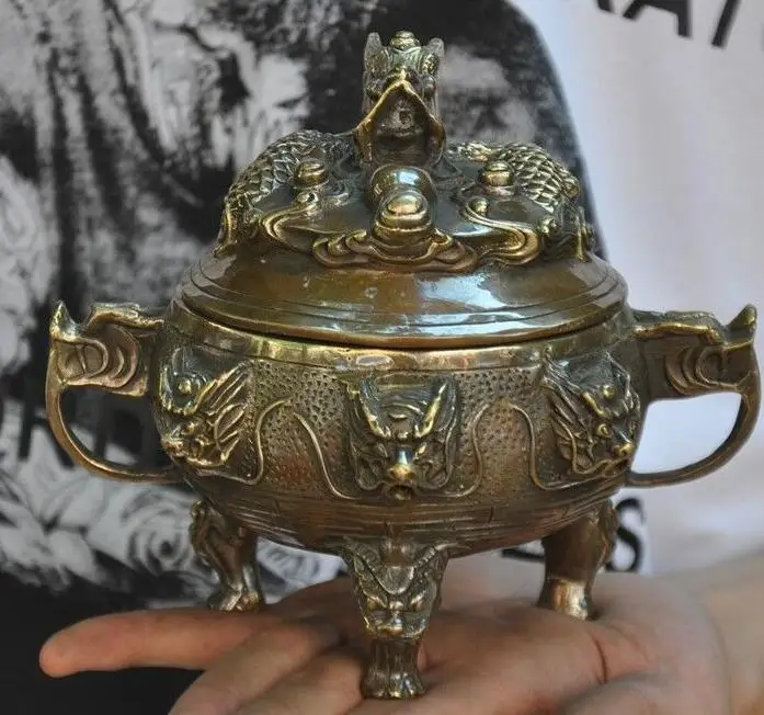 Old Chinese Bronze Dragons Loong Dragon Beast Head Statue Incense Burner Censer |