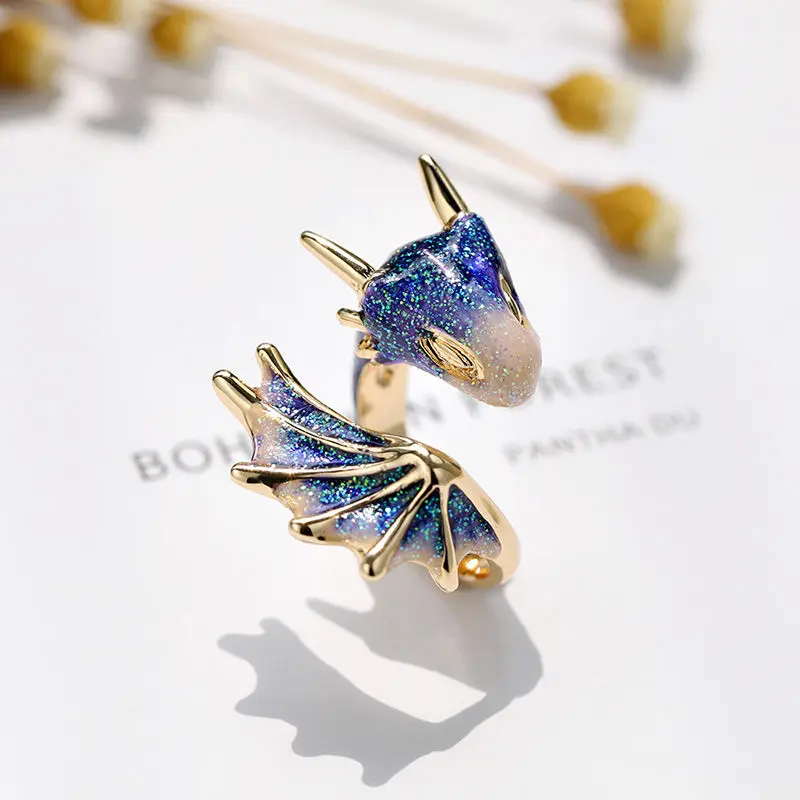 

Original design starry sky small blue dragon opening ring colorful fresh and unique craftsmanship charm women's silver jewelry