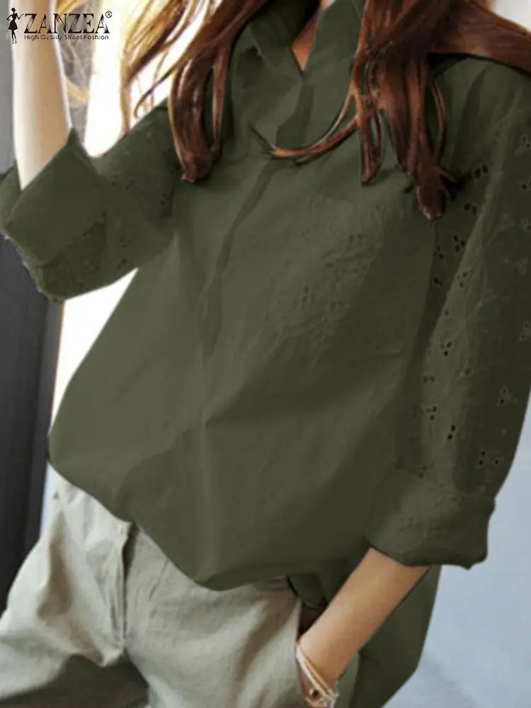 

Женская кружевная рубашка ZANZEA, элегантная однотонная офисная блузка, женские топы с вышивкой, туника, Весенняя ажурная блузка с длинным рукавом
