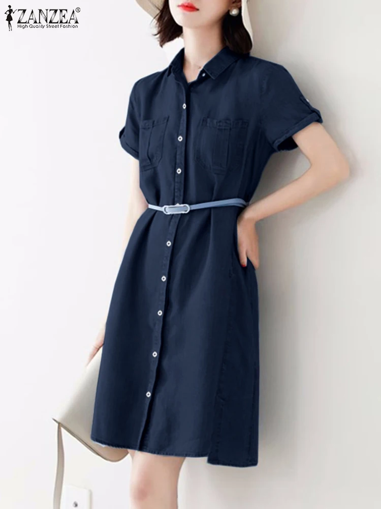 

ZANZEA Elegant Denim Shirt Dress Women Workplace Lapel Short Sleeve Knee-length Dress Casual Solid Vestidos Summer Office Robe