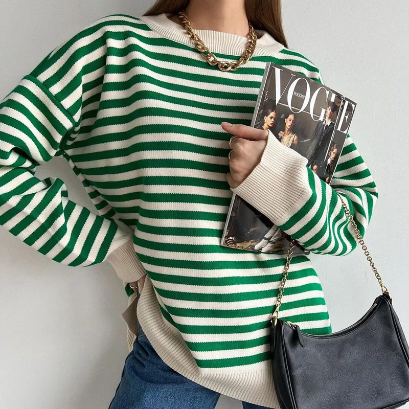 

O Neck Vintage Striped Sweater Pullovers For Women Casual Loose Long Sleeves Jumpers Autumn Female Drop Shoulder Kintting Tops