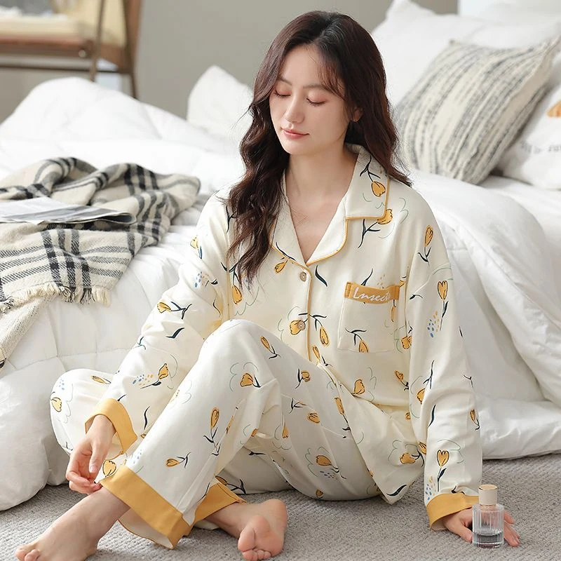 Осень 2024 большие размеры пижамные комплекты из 100% хлопка с длинными рукавами и
