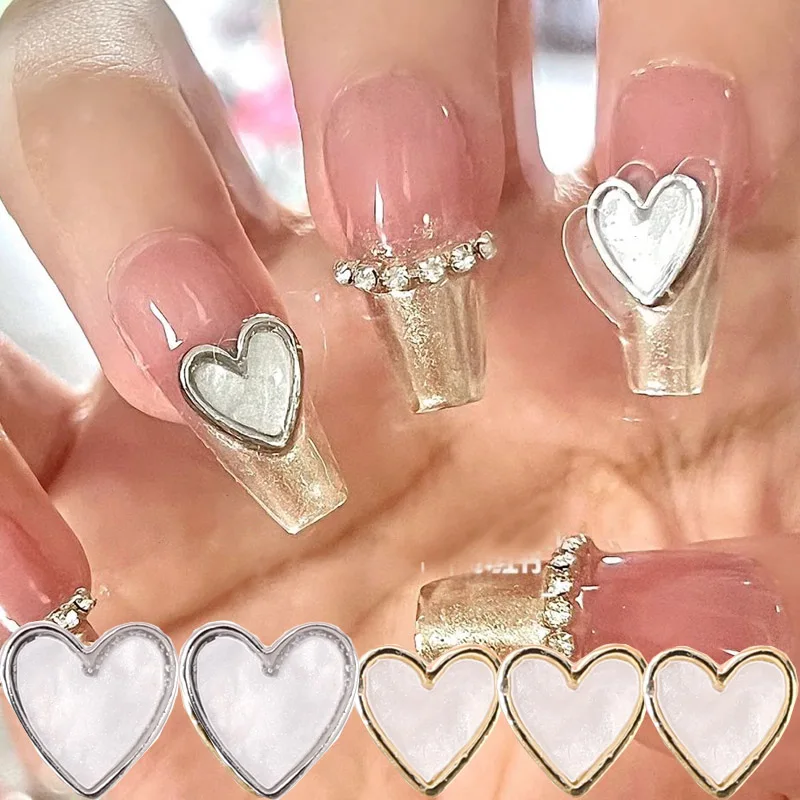 

10Pcs 3D Aurora Love Heart Flat Bottom Drills Nail Art Decorations Gold Silver Alloy Heart Rhinestone DIY Manicure Accessories