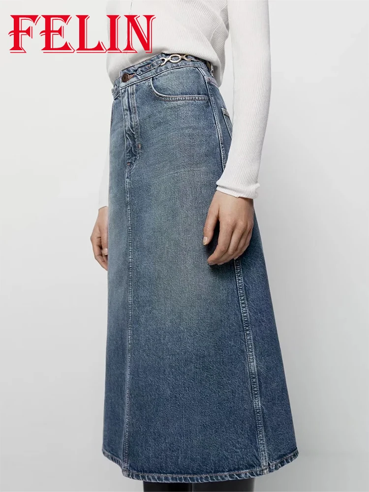 

Юбка-миди FELIN ZBZA женская джинсовая, Офисная Модная элегантная юбка с завышенной талией, разрезом спереди и карманами, 2022