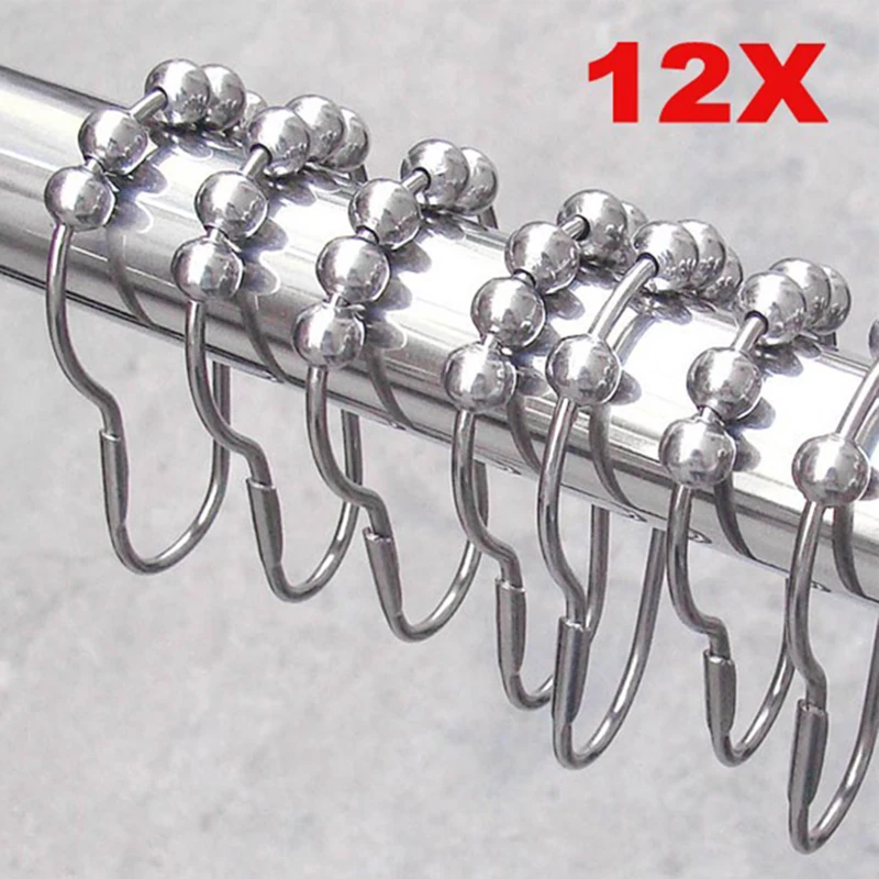 

Hot 12 pcs/pack Silver Color Creative Shower Curtain Rings Hooks 5 Roller Polished Satin Nickel Ball