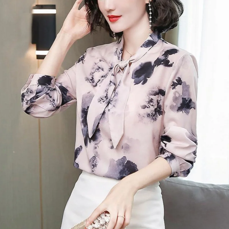 Elegant V-Neck Printed Spliced Lace Up Bow Blouse Women's Clothing 2023 Spring New Casual Pullovers All-match Office Lady Shirt