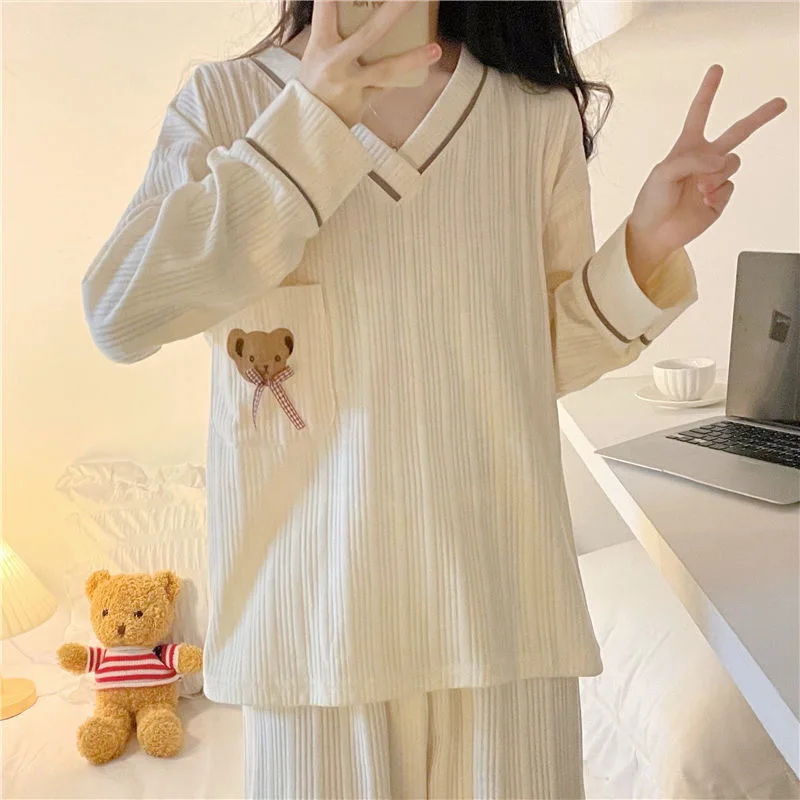 Korean style Women Pajama Sets Spring Autumn Long Sleeve Bear Print Nightwear Loose Elegant Pyjamas Female Leisure 2-piece