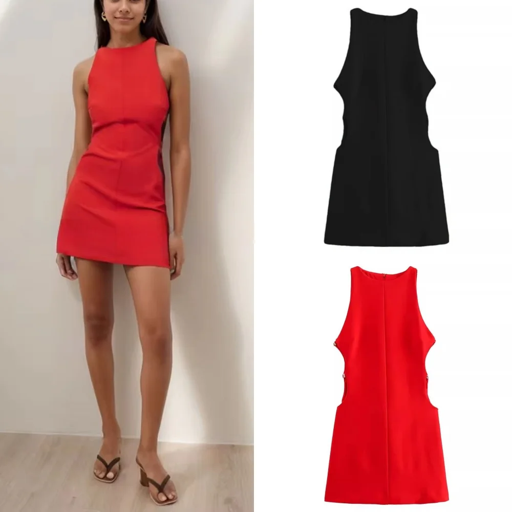 Женское Летнее Клетчатое Платье 2024 Без Рукавов С Круглым Вырезом Трапециевидной