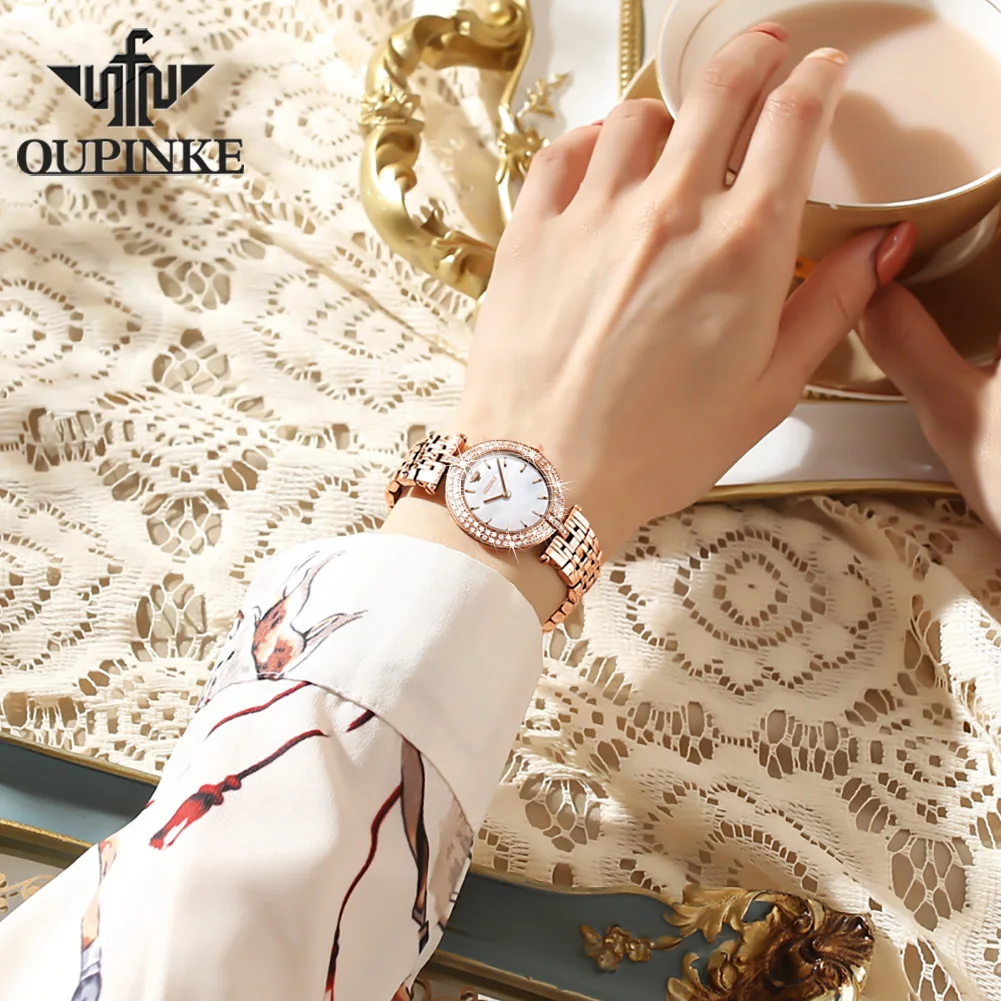 OUPINKE Swiss Quartz Watch for Women Luxury Diamond Sapphire Mirror Watperoof Watches Original Ladies Dress Wristwatch Gift Set