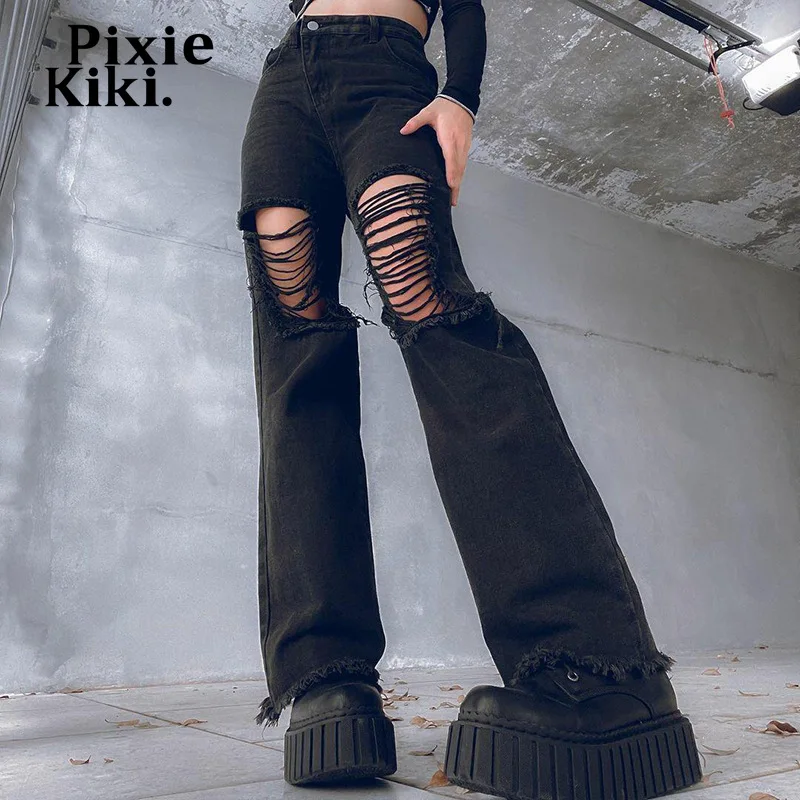 

Рваные расклешенные джинсы PixieKiki Cyber Y2k, уличная одежда, черные брюки 2022, модные женские джинсовые брюки, женская одежда