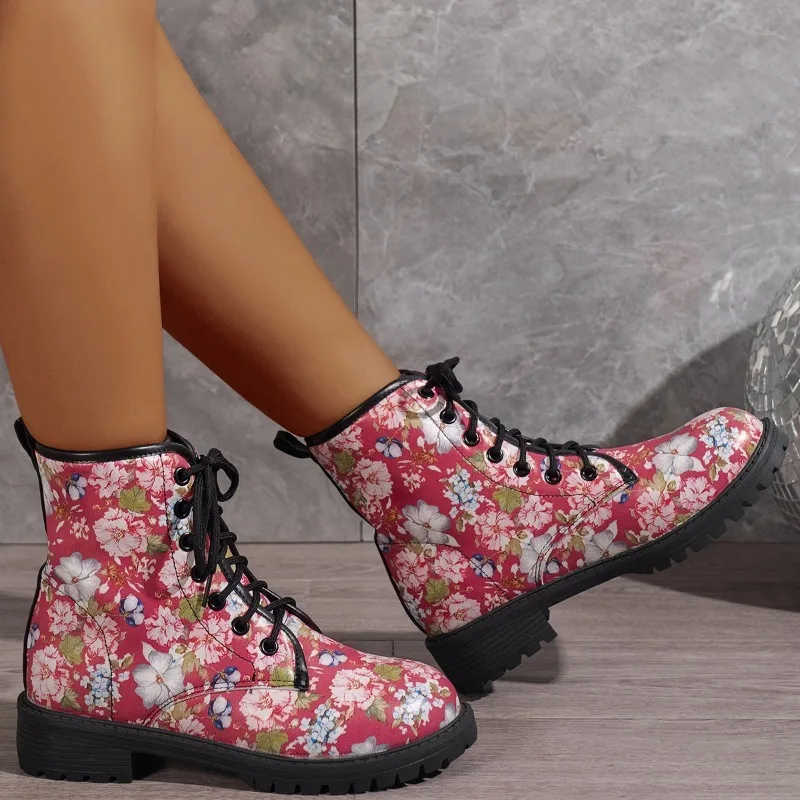 

Ethnic Style Print Women's Boots 2023 Winter High Top Lace Up Platform Boots Street Fashion Large Size Ladies Motorcycle Boots