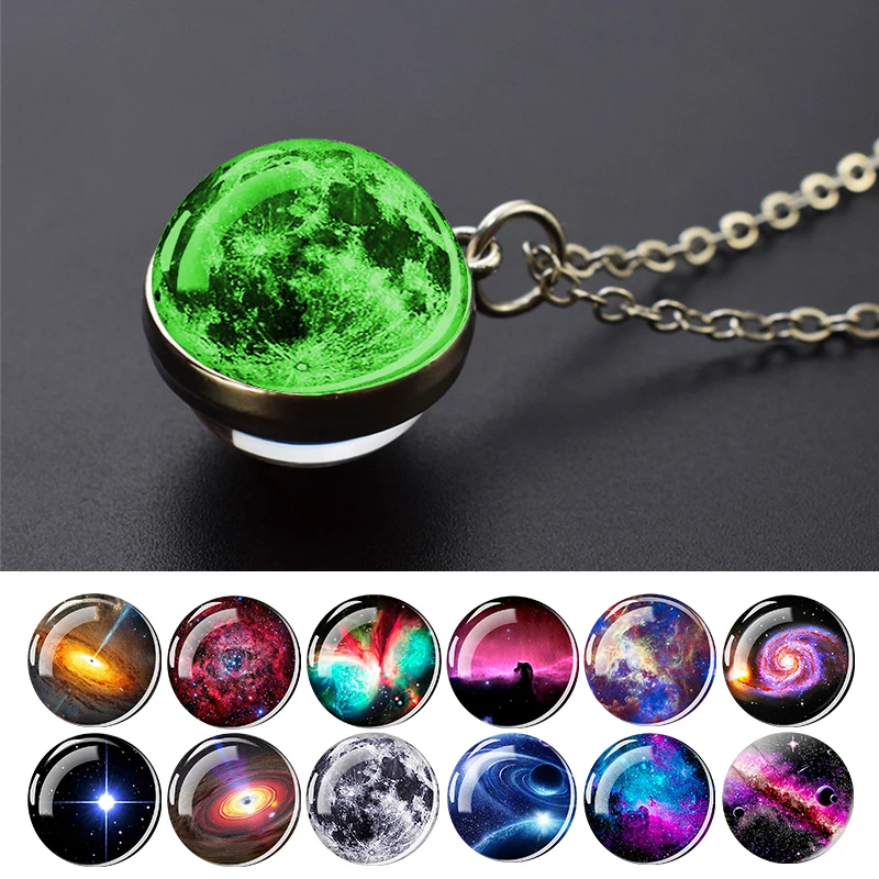 

Glow In The Dark Galaxy Nebula Necklace Double Glass Ball Pendant Planet Necklace Universe Space Jewelry Astronomy Gifts