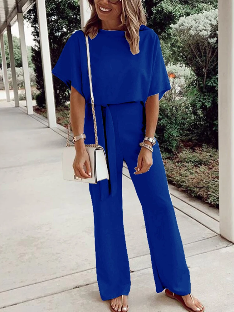 

Casual Office Women Loose Jumpsuit Summer Short Sleeve O-Neck Straight Trousers Romper Ladies Fashion Solid High Waist Jumpsuits