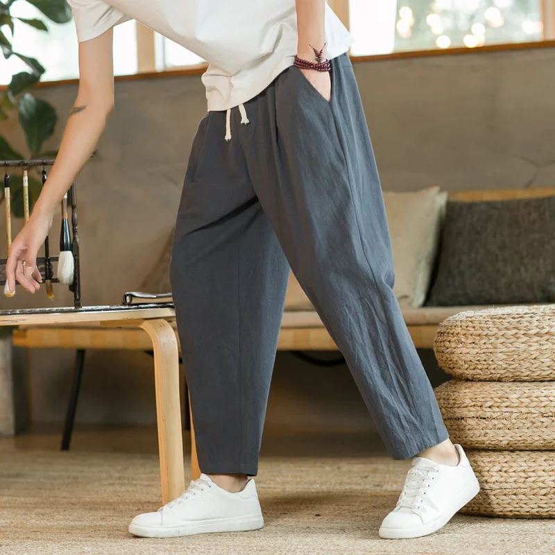 

2022 New Men's Cotton Linen Pants Male Casual Solid Color Breathable Loose Trousers Straight Pants M-5XL