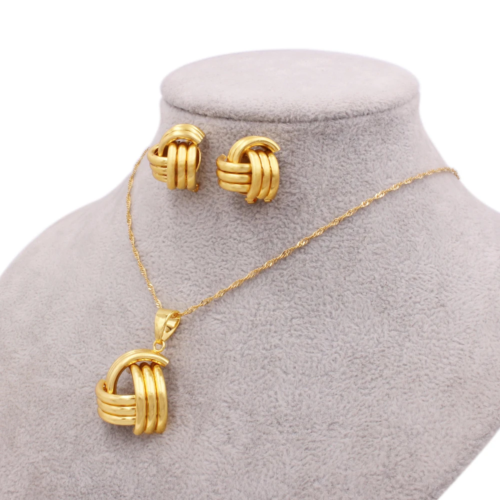 

Women Jewelry Set Pendant Chain+Earrings Simple Style Line Design 18k Yellow Arabia Indian African Bridal Wedding Party Gift