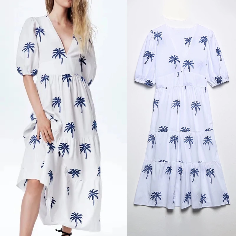 

2022 Summer Women Fashion Layered Panel Embroidered Dress Beach Wind Short Sleeve V Neck Female Long Dress FH2728