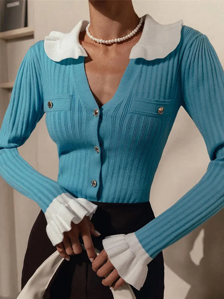 

Sweet Ruffles Knitted Sweater Women Korean Fashion V Neck Long Sleeve Simple Y2k Coats Autumn Winter Streetwear Loose Sweaters