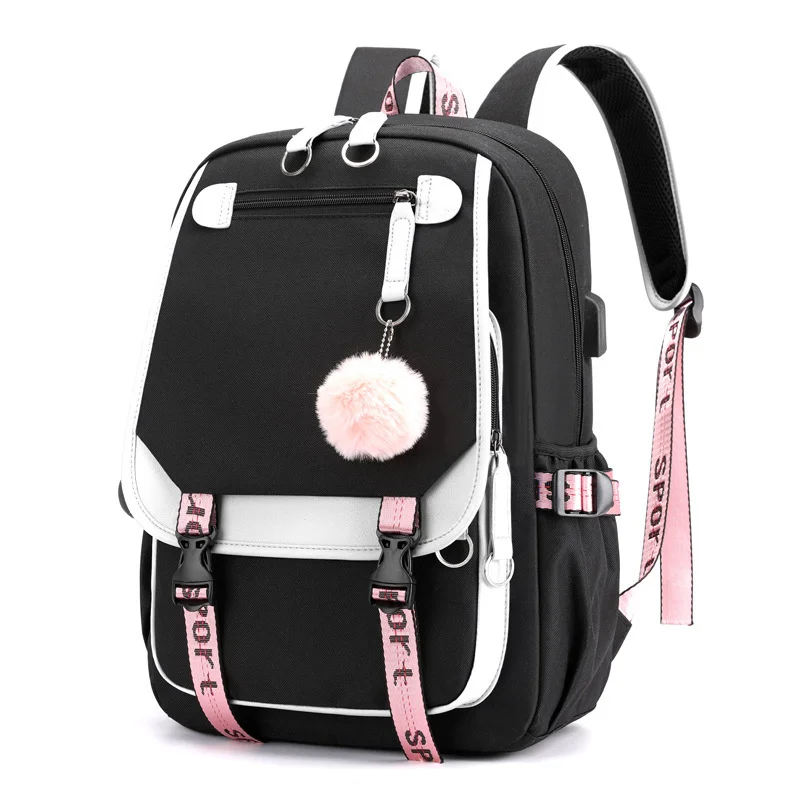 

Large Capacity Backpack For Teenage Women Girls USB Port Canvas Schoolbag Student Book Bag Fashion Black Teen School Backpack