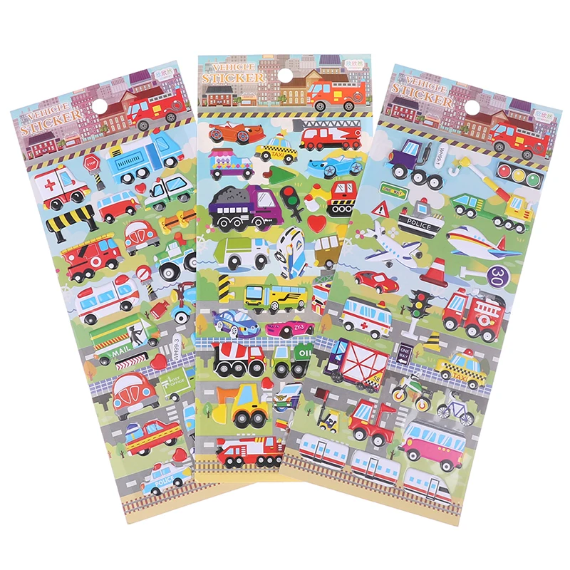 

5 Sheets/set Kids 3D Cartoon Transportation Cars Train Plane Stickers For Boys DIY Bubble PVC Scrapbook Sticker Learning Toys