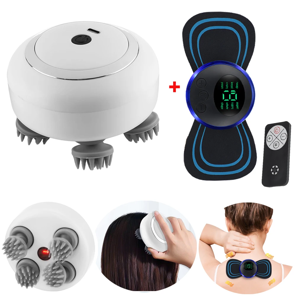 

Infrared Electric Scalp Head Massager With Mini EMS Pulse Neck Massager Sticker Kneading Vibration Back Arm Body Massage Tools
